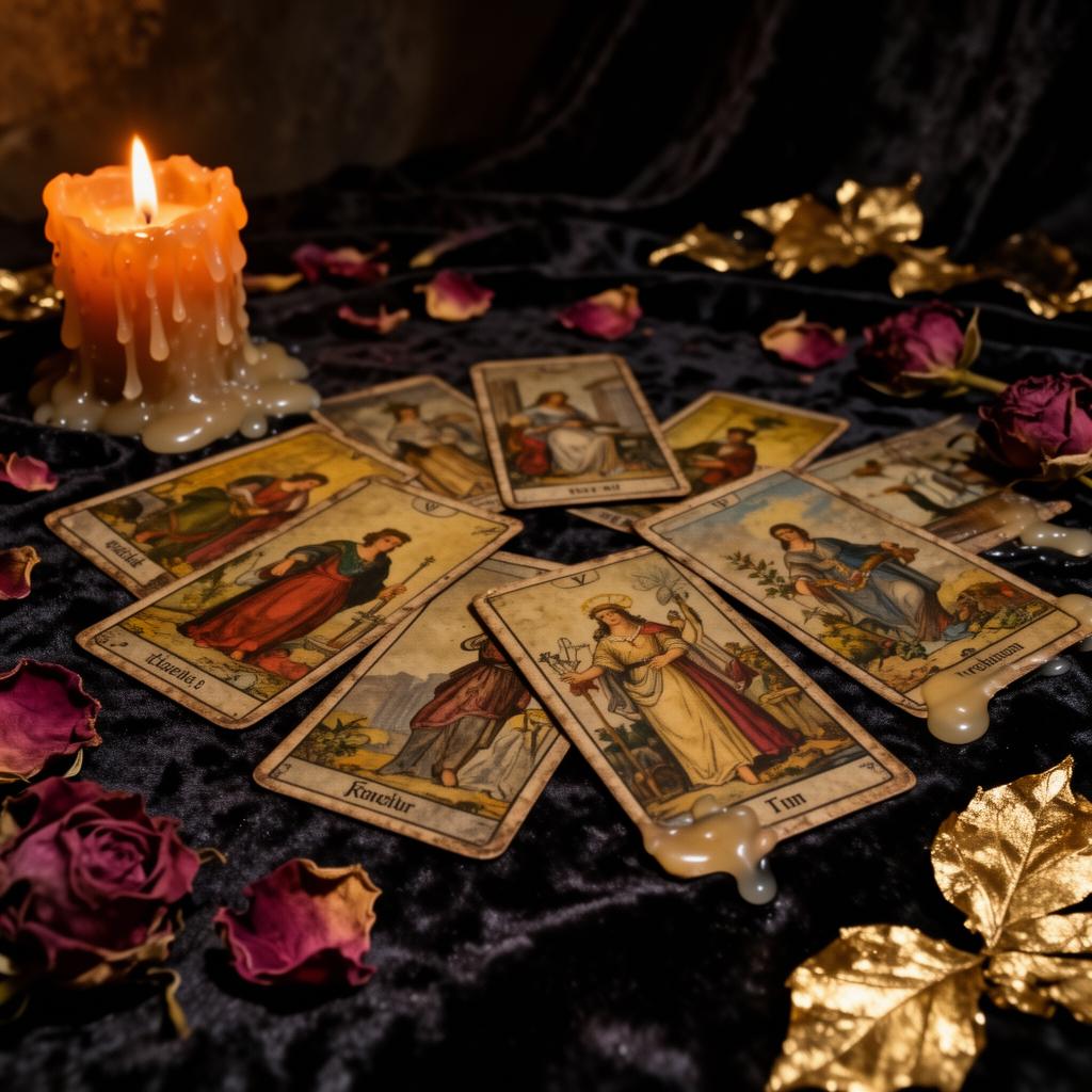 Tarot spread on dark velvet with dried roses and candlelight